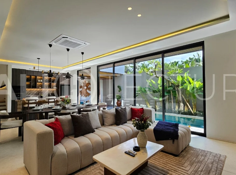 Modern two-storey villa on 200 m² freehold land featuring 3 bedrooms, 3 bathrooms, a powder room, private 2.5 m x 9 m swimming pool, warehouse, and parking for two cars.