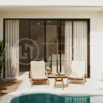 Off-plan modern Mediterranean villa for sale in Berawa, Canggu, featuring natural materials, minimalist tropical interiors, a private plunge pool, and seamless indoor-outdoor living, located near Berawa Beach, Finns Beach Club, and Atlas Beach Fest.