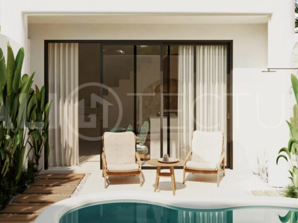 Off-plan modern Mediterranean villa for sale in Berawa, Canggu, featuring natural materials, minimalist tropical interiors, a private plunge pool, and seamless indoor-outdoor living, located near Berawa Beach, Finns Beach Club, and Atlas Beach Fest.