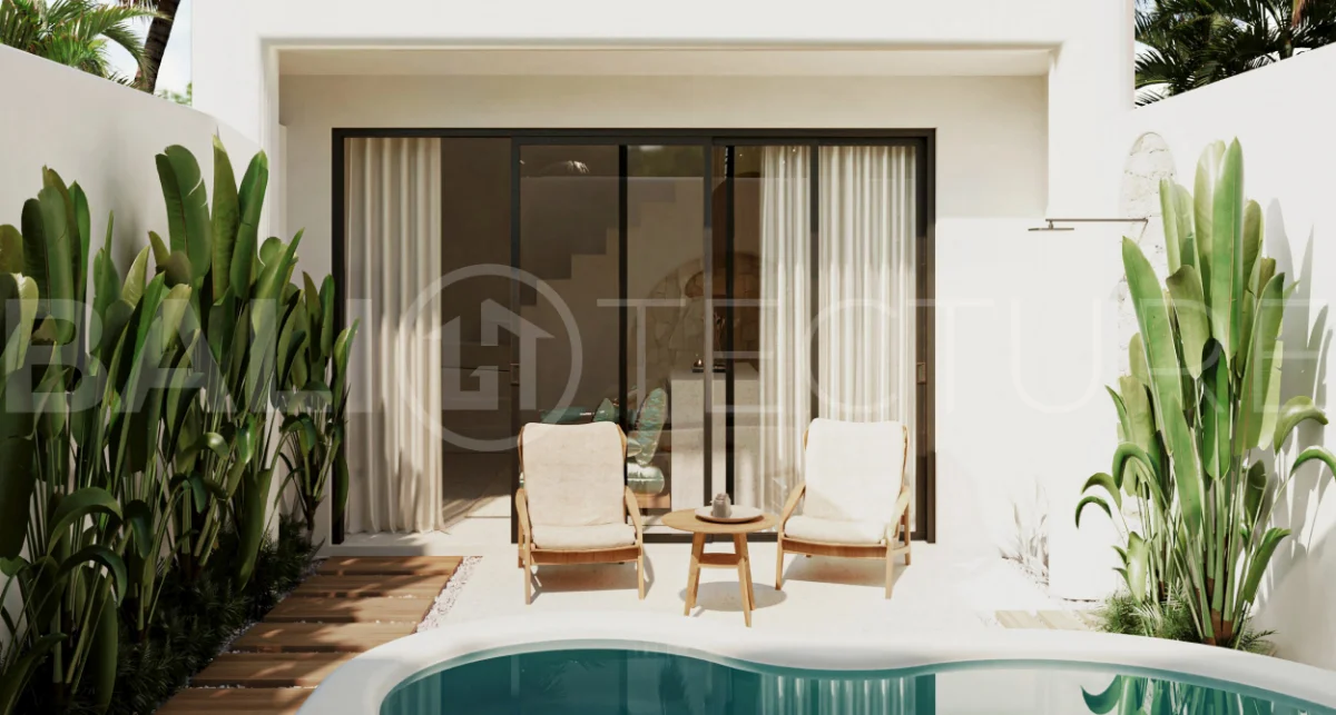 Off-plan modern Mediterranean villa for sale in Berawa, Canggu, featuring natural materials, minimalist tropical interiors, a private plunge pool, and seamless indoor-outdoor living, located near Berawa Beach, Finns Beach Club, and Atlas Beach Fest.