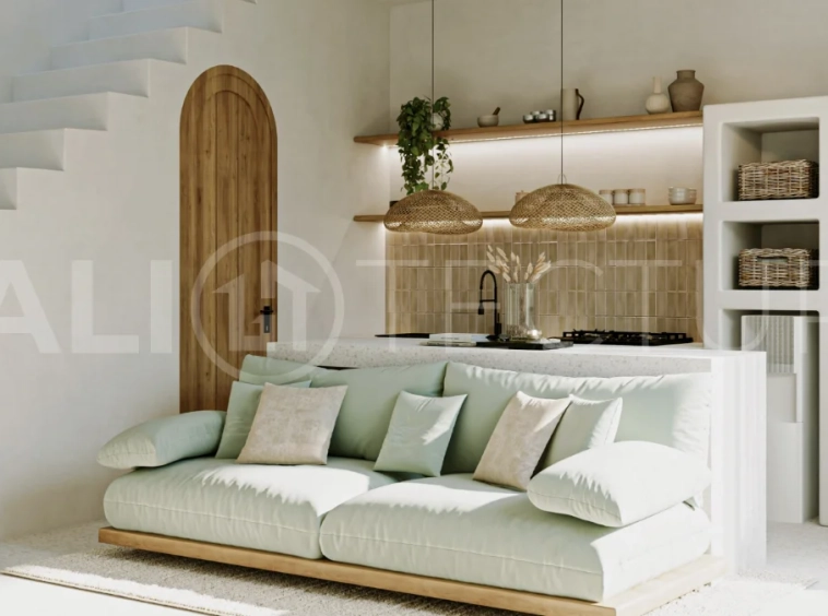 Off-plan modern Mediterranean villa for sale in Berawa, Canggu, featuring natural materials, minimalist tropical interiors, a private plunge pool, and seamless indoor-outdoor living, located near Berawa Beach, Finns Beach Club, and Atlas Beach Fest.