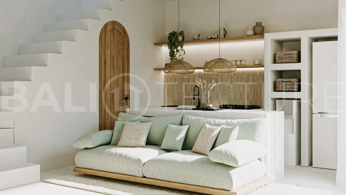 Off-plan modern Mediterranean villa for sale in Berawa, Canggu, featuring natural materials, minimalist tropical interiors, a private plunge pool, and seamless indoor-outdoor living, located near Berawa Beach, Finns Beach Club, and Atlas Beach Fest.