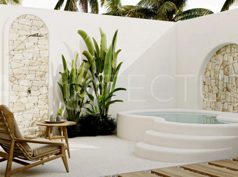 Off-plan modern Mediterranean villa for sale in Berawa, Canggu, featuring natural materials, minimalist tropical interiors, a private plunge pool, and seamless indoor-outdoor living, located near Berawa Beach, Finns Beach Club, and Atlas Beach Fest.