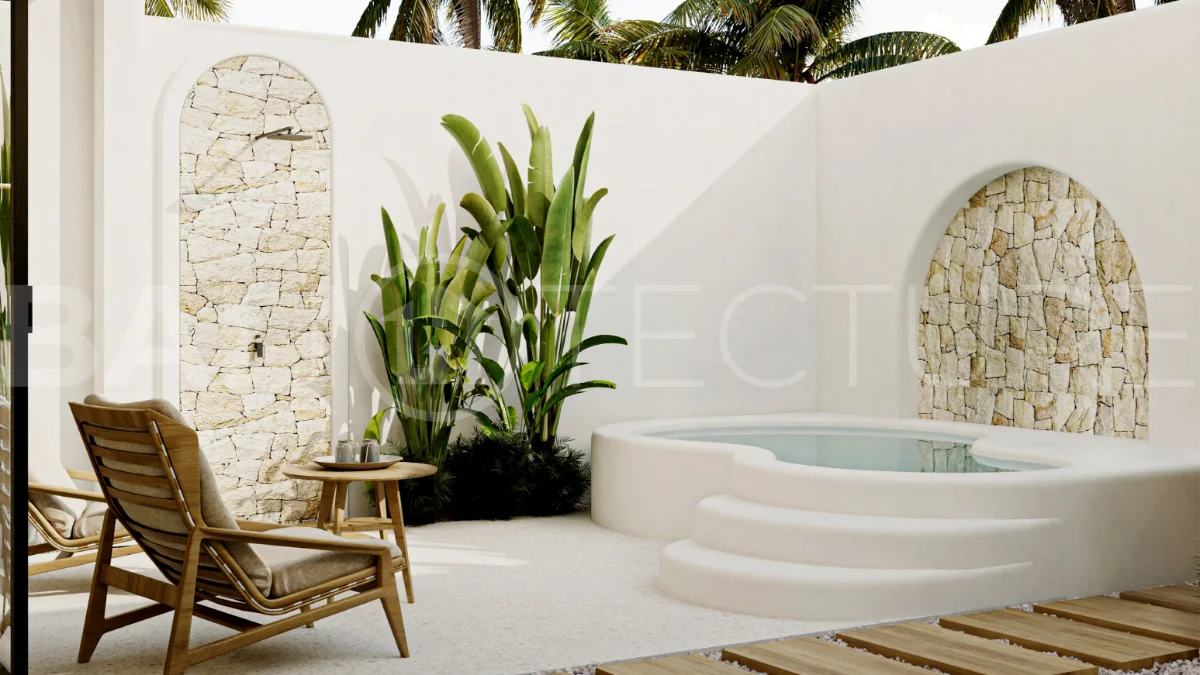 Off-plan modern Mediterranean villa for sale in Berawa, Canggu, featuring natural materials, minimalist tropical interiors, a private plunge pool, and seamless indoor-outdoor living, located near Berawa Beach, Finns Beach Club, and Atlas Beach Fest.