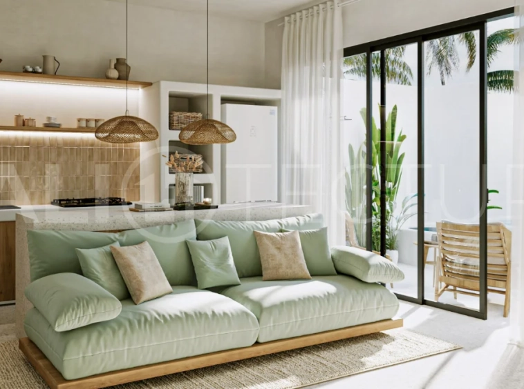 Off-plan modern Mediterranean villa for sale in Berawa, Canggu, featuring natural materials, minimalist tropical interiors, a private plunge pool, and seamless indoor-outdoor living, located near Berawa Beach, Finns Beach Club, and Atlas Beach Fest.