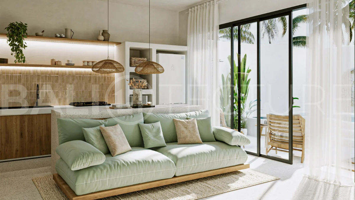 Off-plan modern Mediterranean villa for sale in Berawa, Canggu, featuring natural materials, minimalist tropical interiors, a private plunge pool, and seamless indoor-outdoor living, located near Berawa Beach, Finns Beach Club, and Atlas Beach Fest.