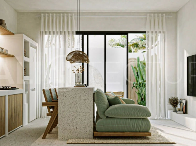 Off-plan modern Mediterranean villa for sale in Berawa, Canggu, featuring natural materials, minimalist tropical interiors, a private plunge pool, and seamless indoor-outdoor living, located near Berawa Beach, Finns Beach Club, and Atlas Beach Fest.