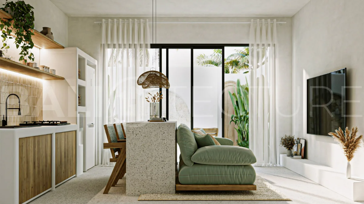 Off-plan modern Mediterranean villa for sale in Berawa, Canggu, featuring natural materials, minimalist tropical interiors, a private plunge pool, and seamless indoor-outdoor living, located near Berawa Beach, Finns Beach Club, and Atlas Beach Fest.