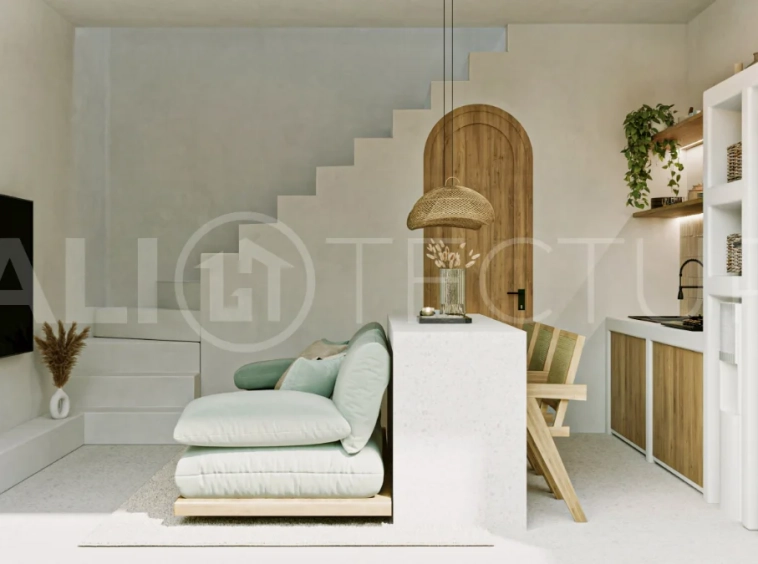 Off-plan modern Mediterranean villa for sale in Berawa, Canggu, featuring natural materials, minimalist tropical interiors, a private plunge pool, and seamless indoor-outdoor living, located near Berawa Beach, Finns Beach Club, and Atlas Beach Fest.