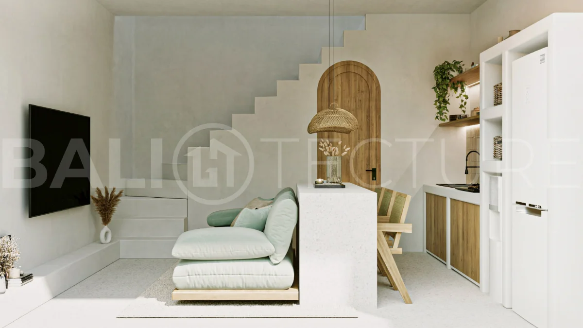 Off-plan modern Mediterranean villa for sale in Berawa, Canggu, featuring natural materials, minimalist tropical interiors, a private plunge pool, and seamless indoor-outdoor living, located near Berawa Beach, Finns Beach Club, and Atlas Beach Fest.