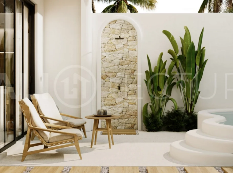 Off-plan modern Mediterranean villa for sale in Berawa, Canggu, featuring natural materials, minimalist tropical interiors, a private plunge pool, and seamless indoor-outdoor living, located near Berawa Beach, Finns Beach Club, and Atlas Beach Fest.