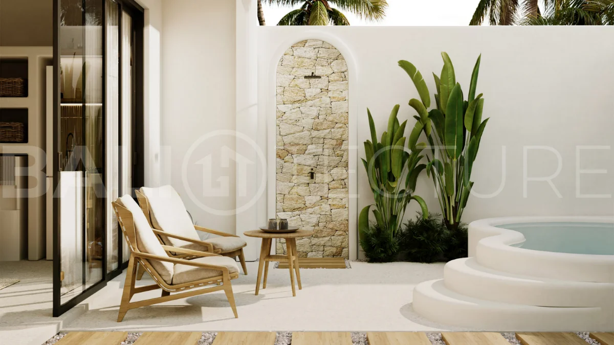 Off-plan modern Mediterranean villa for sale in Berawa, Canggu, featuring natural materials, minimalist tropical interiors, a private plunge pool, and seamless indoor-outdoor living, located near Berawa Beach, Finns Beach Club, and Atlas Beach Fest.
