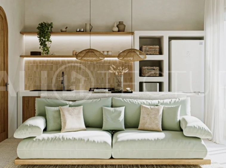 Off-plan modern Mediterranean villa for sale in Berawa, Canggu, featuring natural materials, minimalist tropical interiors, a private plunge pool, and seamless indoor-outdoor living, located near Berawa Beach, Finns Beach Club, and Atlas Beach Fest.
