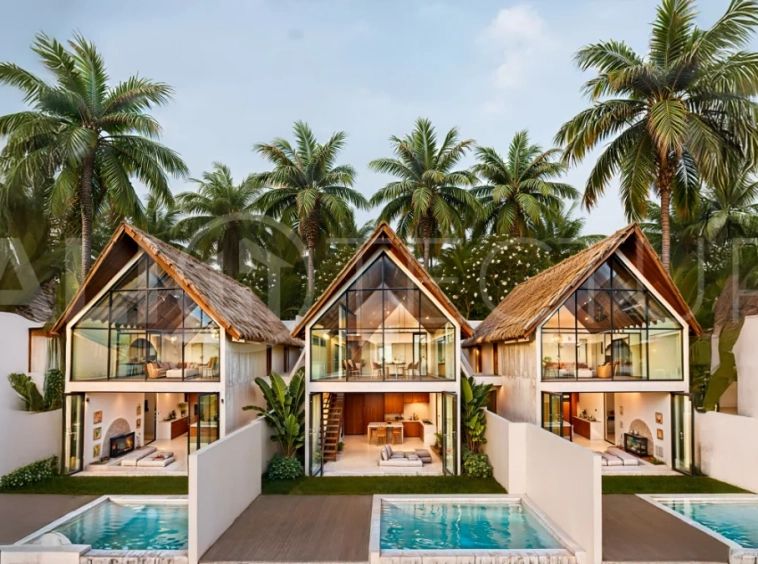 Modern tropical 3-bedroom villa development for sale in Cepaka, Kaba Kaba, Bali, featuring lush surroundings, natural materials, private and shared infinity pools, and contemporary tropical architecture.