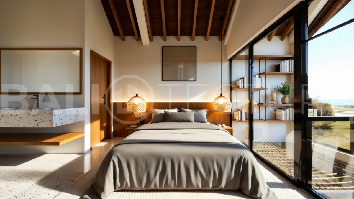 Modern tropical 3-bedroom villa development for sale in Cepaka, Kaba Kaba, Bali, featuring lush surroundings, natural materials, private and shared infinity pools, and contemporary tropical architecture.