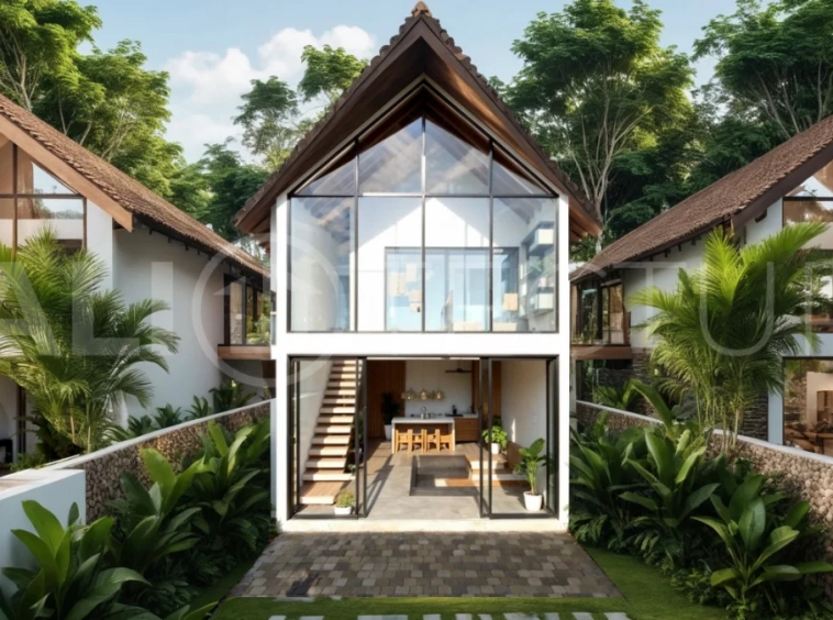 Modern tropical 3-bedroom villa development for sale in Cepaka, Kaba Kaba, Bali, featuring lush surroundings, natural materials, private and shared infinity pools, and contemporary tropical architecture.