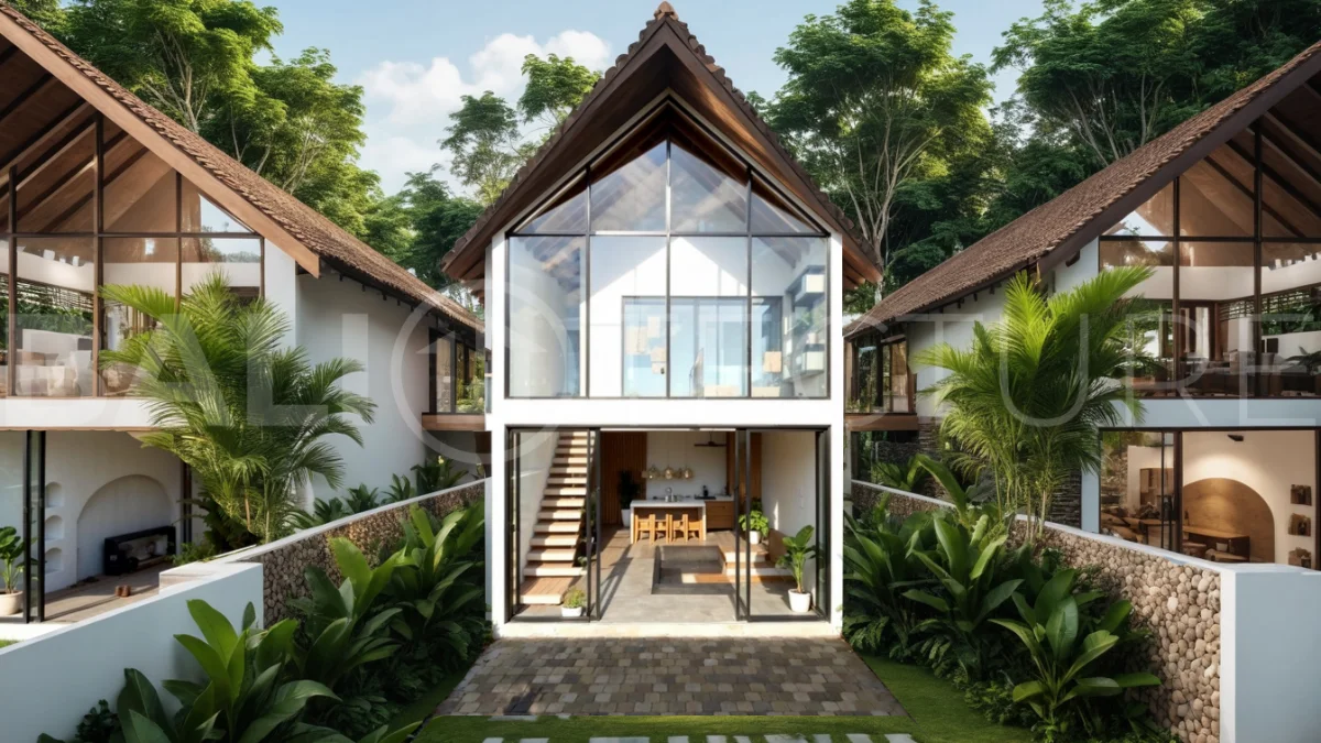 Modern tropical 3-bedroom villa development for sale in Cepaka, Kaba Kaba, Bali, featuring lush surroundings, natural materials, private and shared infinity pools, and contemporary tropical architecture.