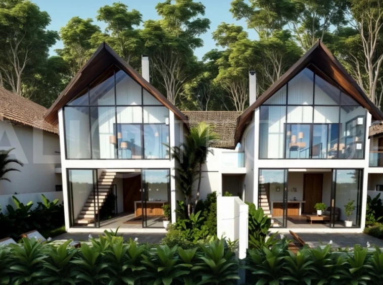 Modern tropical 3-bedroom villa development for sale in Cepaka, Kaba Kaba, Bali, featuring lush surroundings, natural materials, private and shared infinity pools, and contemporary tropical architecture.
