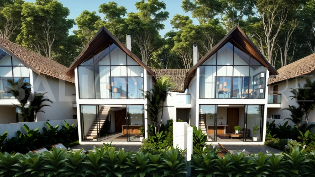 Modern tropical 3-bedroom villa development for sale in Cepaka, Kaba Kaba, Bali, featuring lush surroundings, natural materials, private and shared infinity pools, and contemporary tropical architecture.