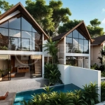 Modern tropical 3-bedroom villa development for sale in Cepaka, Kaba Kaba, Bali, featuring lush surroundings, natural materials, private and shared infinity pools, and contemporary tropical architecture.