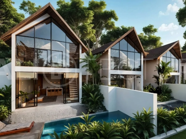 Modern tropical 3-bedroom villa development for sale in Cepaka, Kaba Kaba, Bali, featuring lush surroundings, natural materials, private and shared infinity pools, and contemporary tropical architecture.