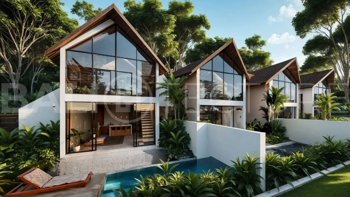 Modern tropical 3-bedroom villa development for sale in Cepaka, Kaba Kaba, Bali, featuring lush surroundings, natural materials, private and shared infinity pools, and contemporary tropical architecture.