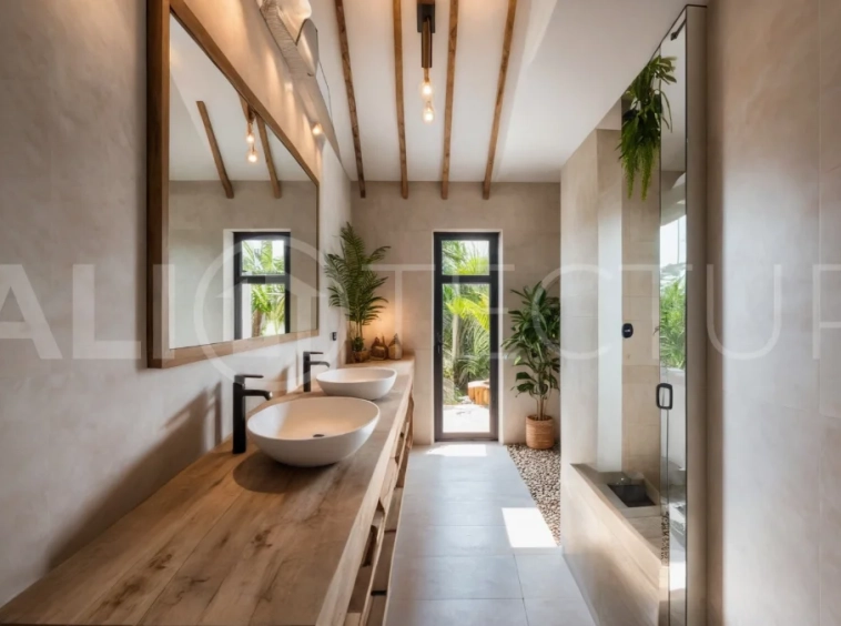 Modern tropical 3-bedroom villa development for sale in Cepaka, Kaba Kaba, Bali, featuring lush surroundings, natural materials, private and shared infinity pools, and contemporary tropical architecture.