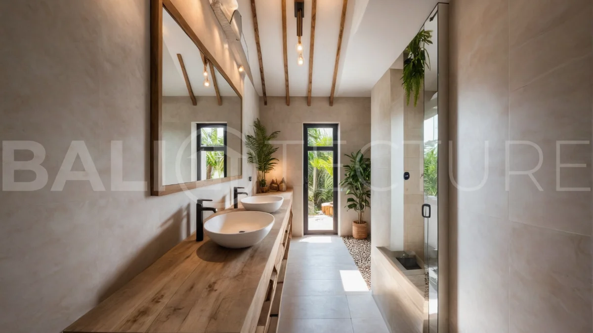 Modern tropical 3-bedroom villa development for sale in Cepaka, Kaba Kaba, Bali, featuring lush surroundings, natural materials, private and shared infinity pools, and contemporary tropical architecture.