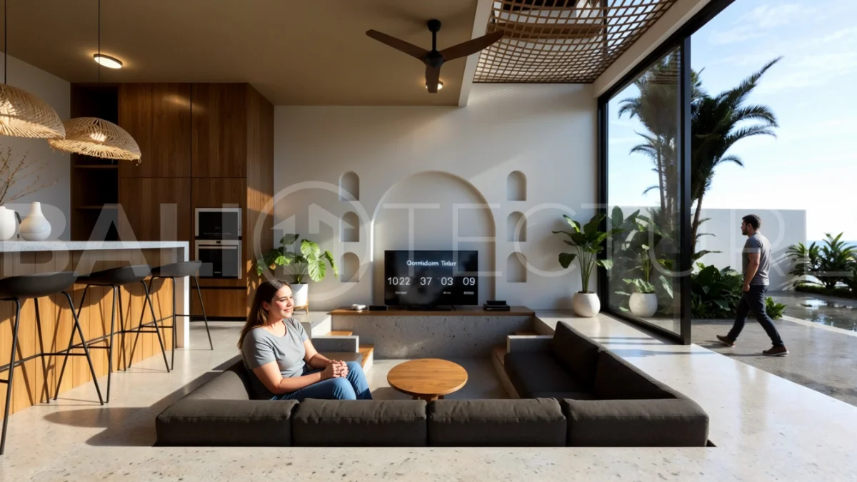 Modern tropical 3-bedroom villa development for sale in Cepaka, Kaba Kaba, Bali, featuring lush surroundings, natural materials, private and shared infinity pools, and contemporary tropical architecture.