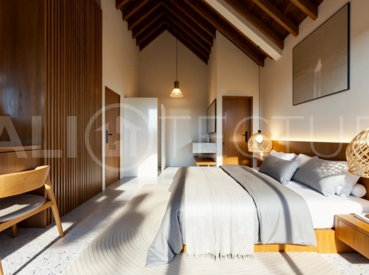 Modern tropical 3-bedroom villa development for sale in Cepaka, Kaba Kaba, Bali, featuring lush surroundings, natural materials, private and shared infinity pools, and contemporary tropical architecture.