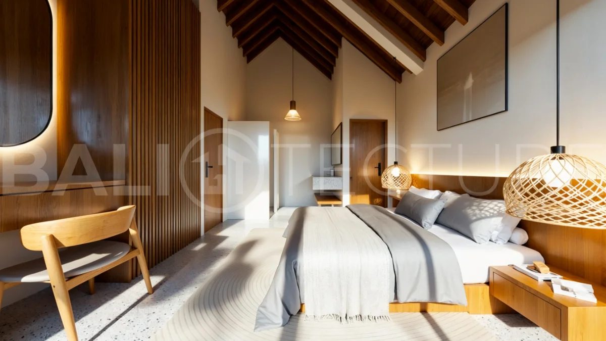 Modern tropical 3-bedroom villa development for sale in Cepaka, Kaba Kaba, Bali, featuring lush surroundings, natural materials, private and shared infinity pools, and contemporary tropical architecture.
