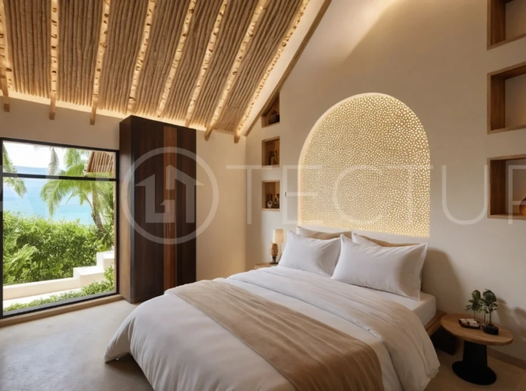 Modern tropical 3-bedroom villa development for sale in Cepaka, Kaba Kaba, Bali, featuring lush surroundings, natural materials, private and shared infinity pools, and contemporary tropical architecture.