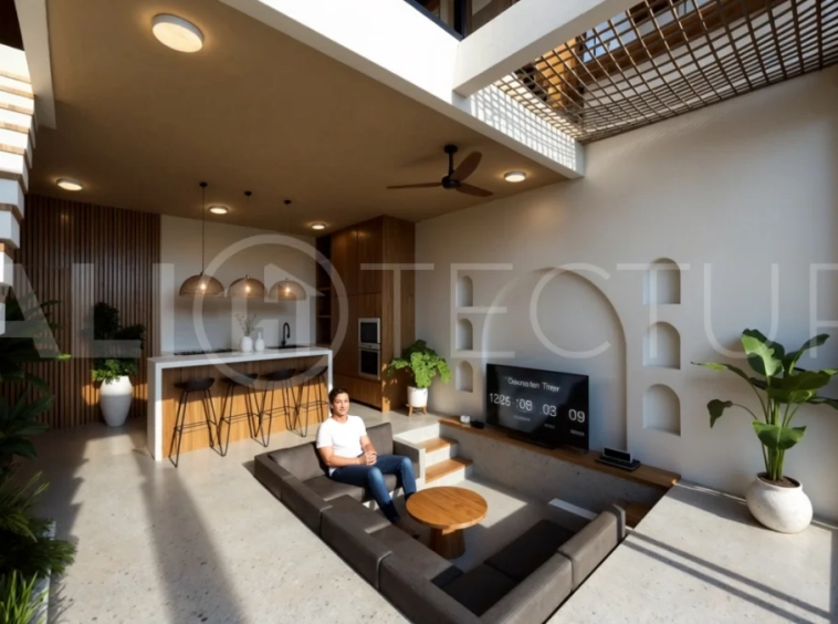 Modern tropical 3-bedroom villa development for sale in Cepaka, Kaba Kaba, Bali, featuring lush surroundings, natural materials, private and shared infinity pools, and contemporary tropical architecture.