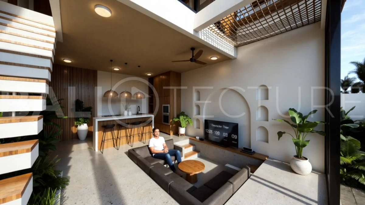 Modern tropical 3-bedroom villa development for sale in Cepaka, Kaba Kaba, Bali, featuring lush surroundings, natural materials, private and shared infinity pools, and contemporary tropical architecture.