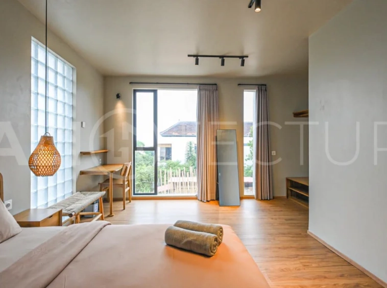 Modern villa with private swimming pool in a peaceful neighbourhood of Pecatu, Uluwatu, Bali, near New Kuta Golf, GWK Cultural Park, Uluwatu Temple, beach clubs, cafes, restaurants, gyms, and padel courts.