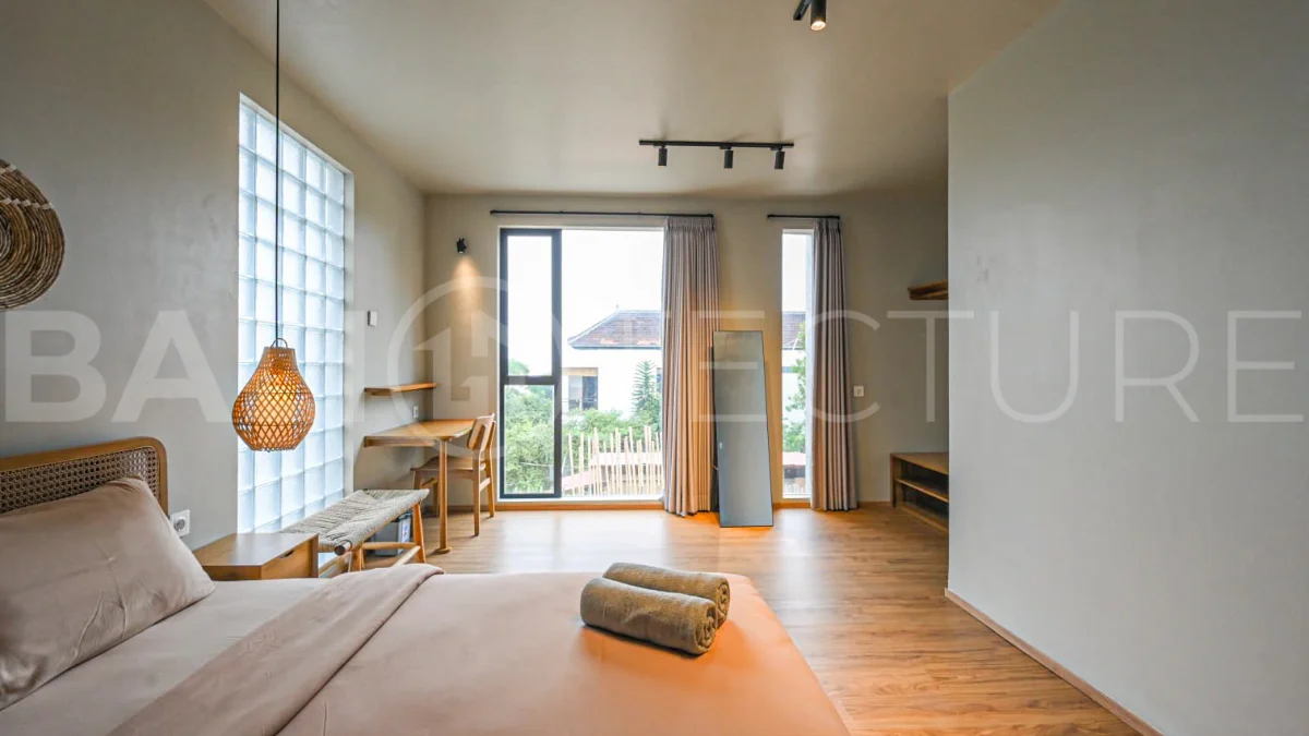 Modern villa with private swimming pool in a peaceful neighbourhood of Pecatu, Uluwatu, Bali, near New Kuta Golf, GWK Cultural Park, Uluwatu Temple, beach clubs, cafes, restaurants, gyms, and padel courts.