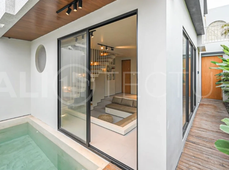 Modern villa with private swimming pool in a peaceful neighbourhood of Pecatu, Uluwatu, Bali, near New Kuta Golf, GWK Cultural Park, Uluwatu Temple, beach clubs, cafes, restaurants, gyms, and padel courts.