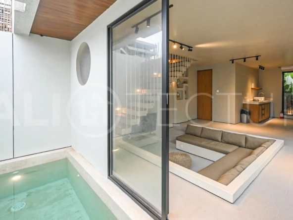 Modern villa with private swimming pool in a peaceful neighbourhood of Pecatu, Uluwatu, Bali, near New Kuta Golf, GWK Cultural Park, Uluwatu Temple, beach clubs, cafes, restaurants, gyms, and padel courts.