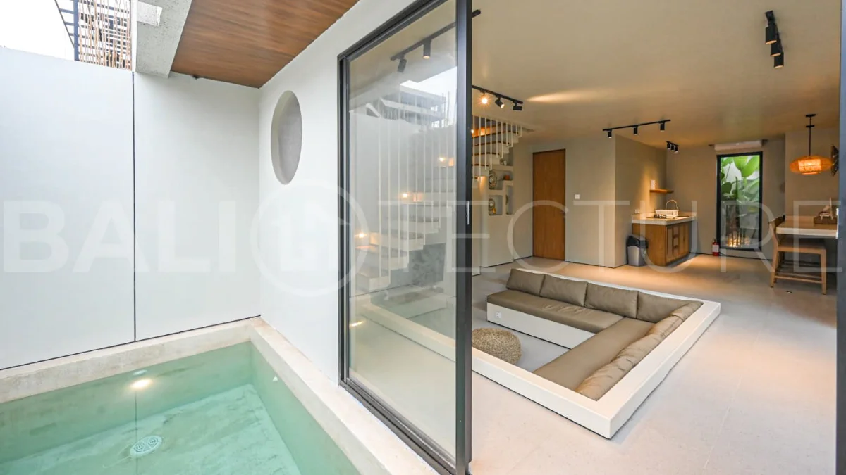 Modern villa with private swimming pool in a peaceful neighbourhood of Pecatu, Uluwatu, Bali, near New Kuta Golf, GWK Cultural Park, Uluwatu Temple, beach clubs, cafes, restaurants, gyms, and padel courts.