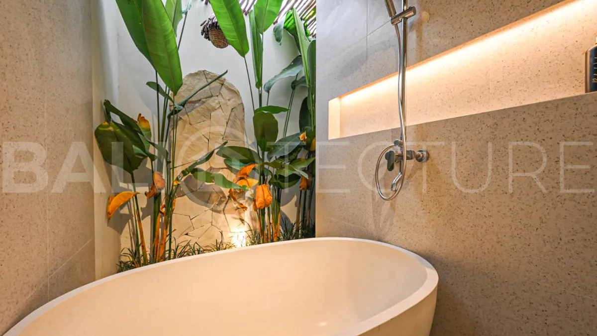 Modern villa with private swimming pool in a peaceful neighbourhood of Pecatu, Uluwatu, Bali, near New Kuta Golf, GWK Cultural Park, Uluwatu Temple, beach clubs, cafes, restaurants, gyms, and padel courts.