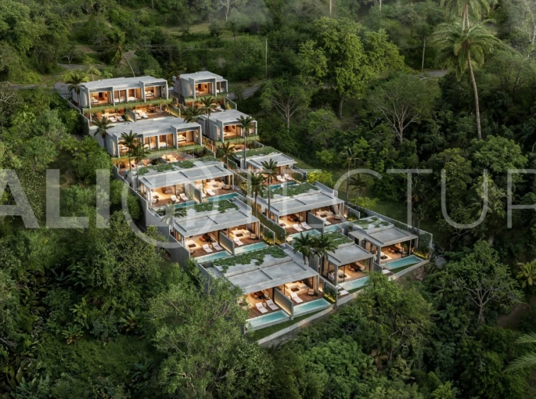 Luxury ocean view villa near Savaya Uluwatu, surrounded by jungle, featuring modern architecture, a private pool, spacious outdoor areas, and panoramic views of the ocean and tropical landscape.