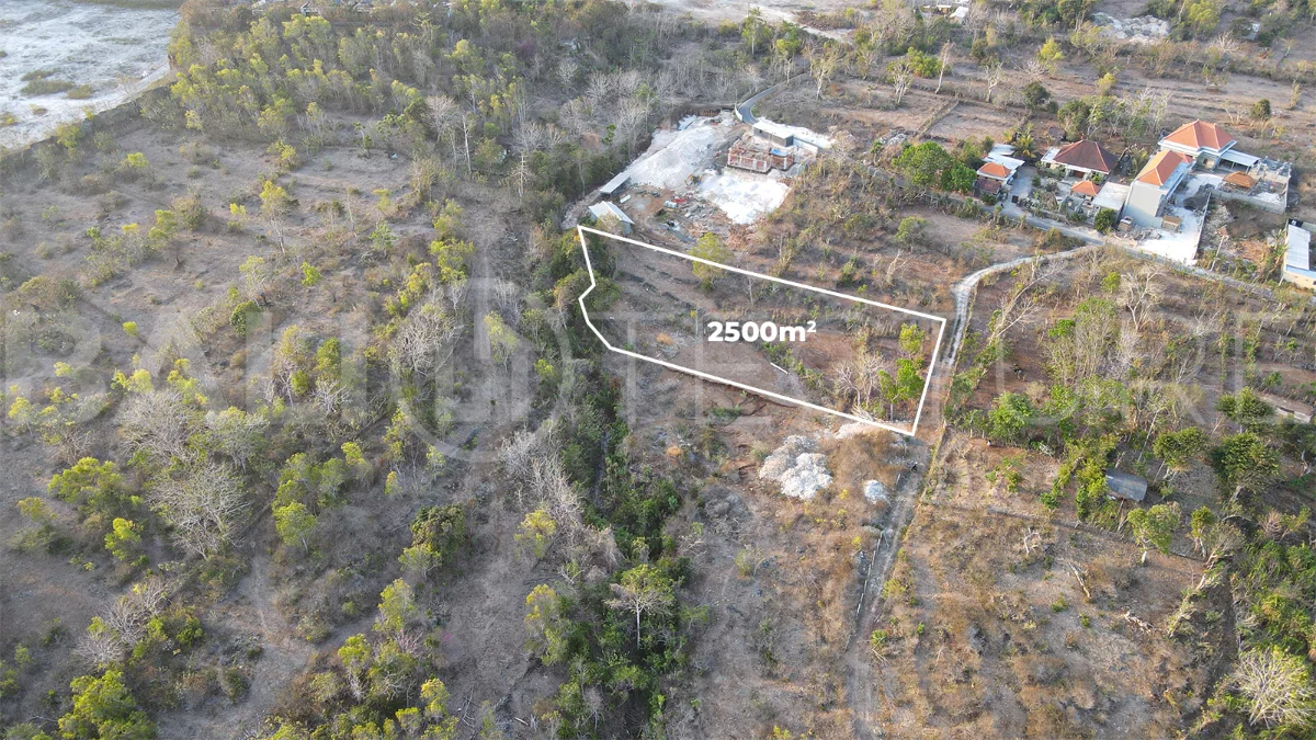 2,500 m² touristic zoning land for lease in Melasti, South Bali, with lush jungle surroundings, sloping terrain, 4-meter access road, and development potential near Melasti Beach.