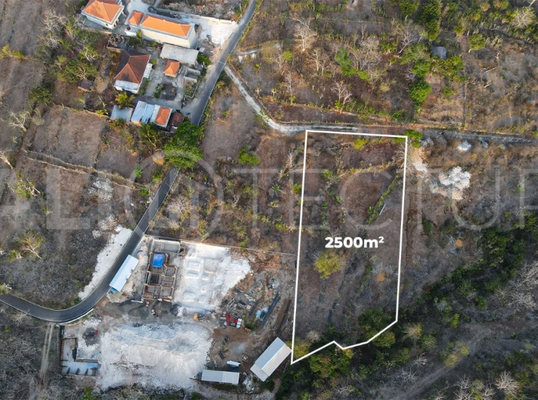 2,500 m² touristic zoning land for lease in Melasti, South Bali, with lush jungle surroundings, sloping terrain, 4-meter access road, and development potential near Melasti Beach.