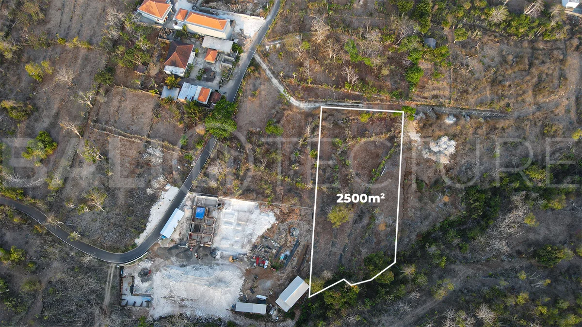 2,500 m² touristic zoning land for lease in Melasti, South Bali, with lush jungle surroundings, sloping terrain, 4-meter access road, and development potential near Melasti Beach.