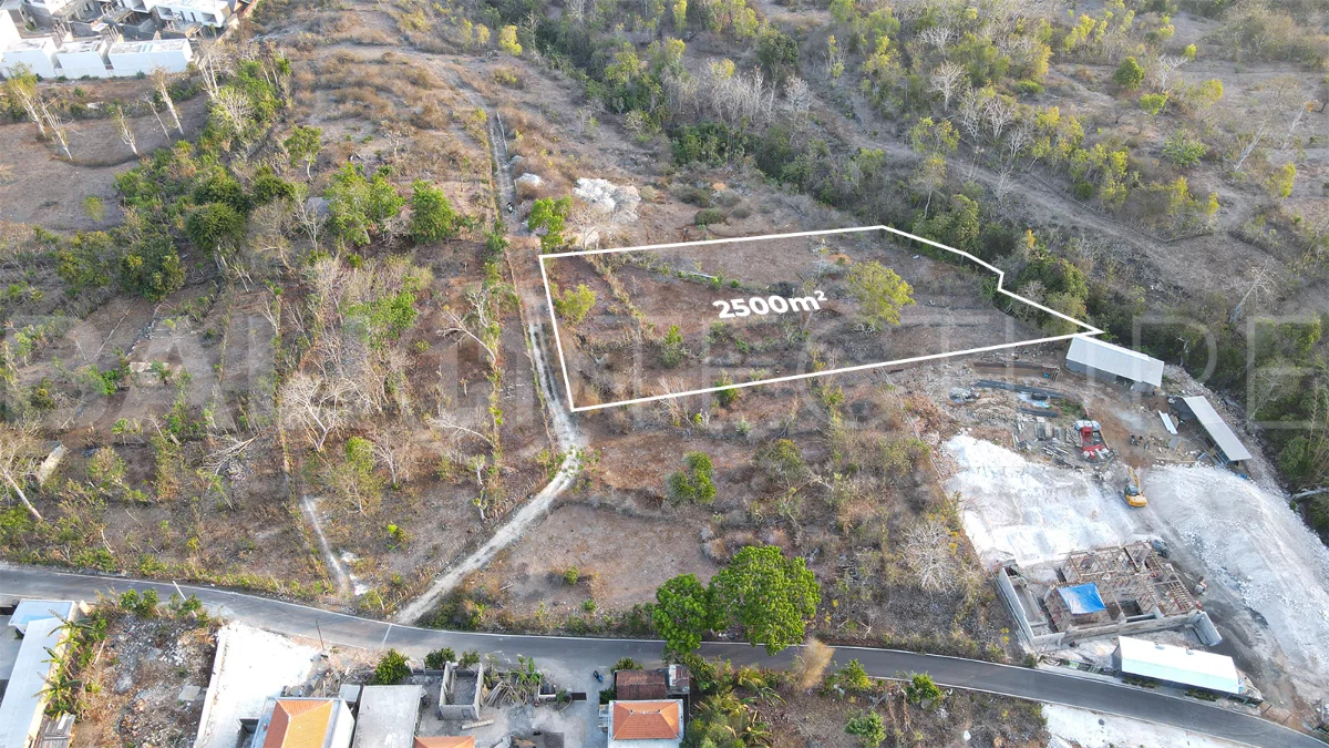 2,500 m² touristic zoning land for lease in Melasti, South Bali, with lush jungle surroundings, sloping terrain, 4-meter access road, and development potential near Melasti Beach.