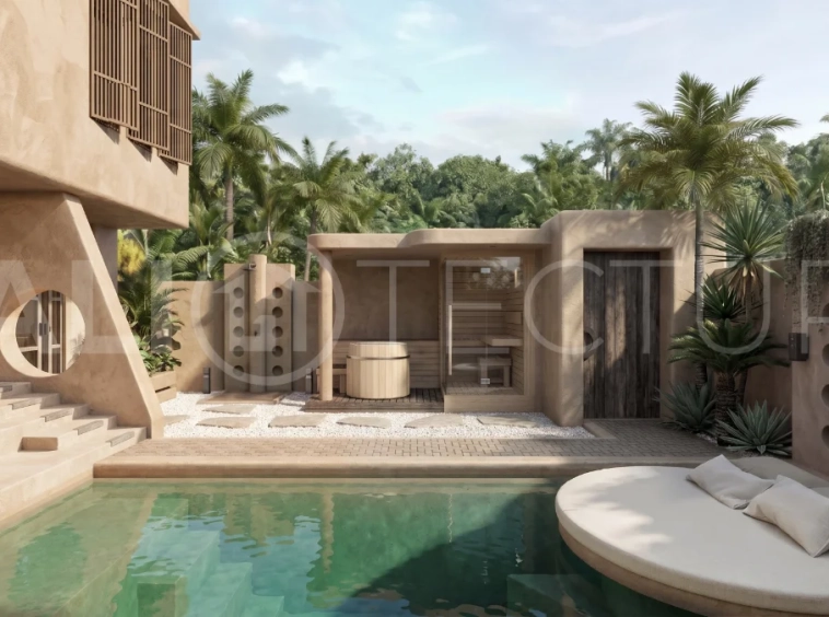 Off-plan one-bedroom villa in Ubud, Bali, featuring a private pool, outdoor lounge area, and tropical minimalist architecture.