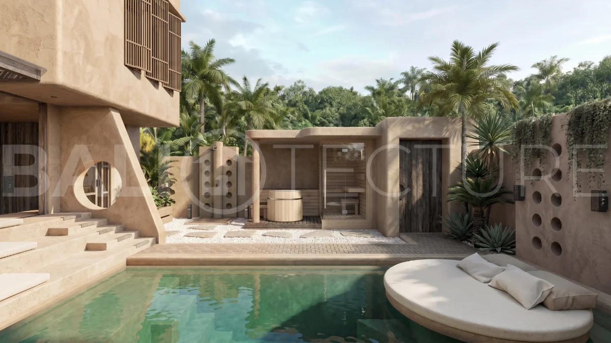Off-plan one-bedroom villa in Ubud, Bali, featuring a private pool, outdoor lounge area, and tropical minimalist architecture.