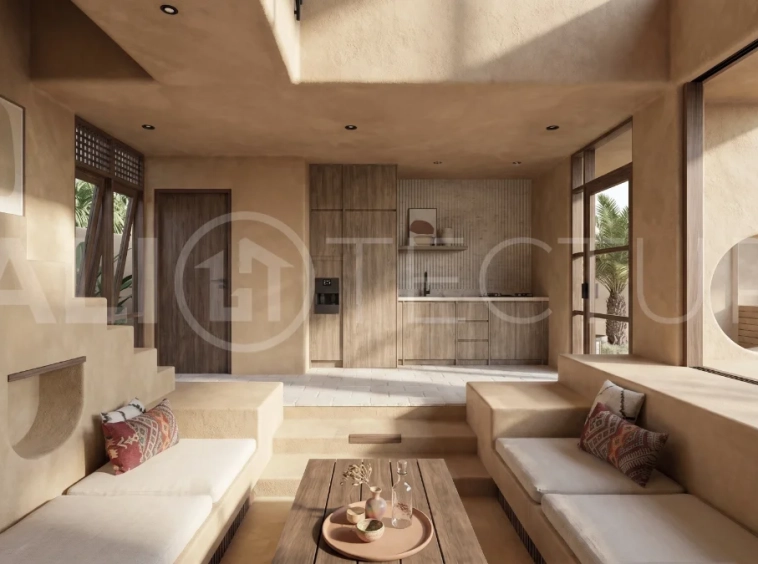Off-plan one-bedroom villa in Ubud, Bali, featuring a private pool, outdoor lounge area, and tropical minimalist architecture.