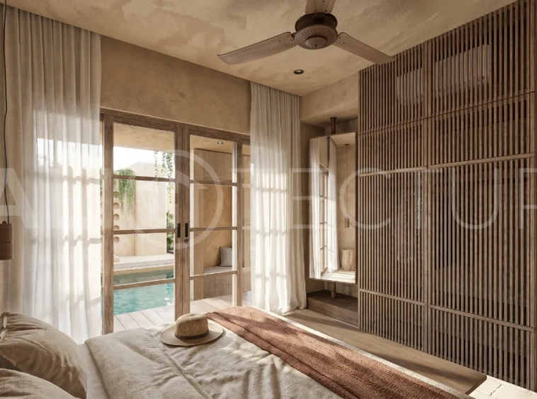 Modern 2-bedroom villa with tropical minimalist architecture in Ubud, featuring a private pool and garden area surrounded by lush greenery.