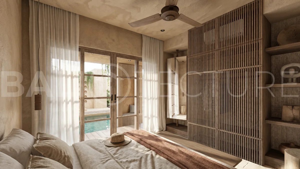 Modern 2-bedroom villa with tropical minimalist architecture in Ubud, featuring a private pool and garden area surrounded by lush greenery.